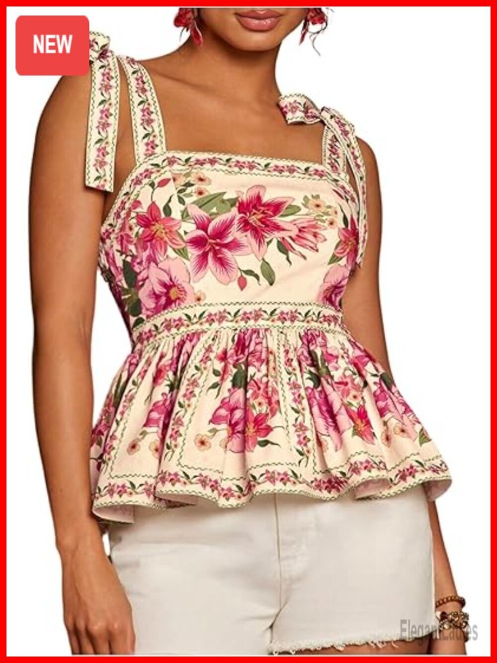 Boho Floral Peplum Tank Top with Shoulder Ties and Ruffle Hem